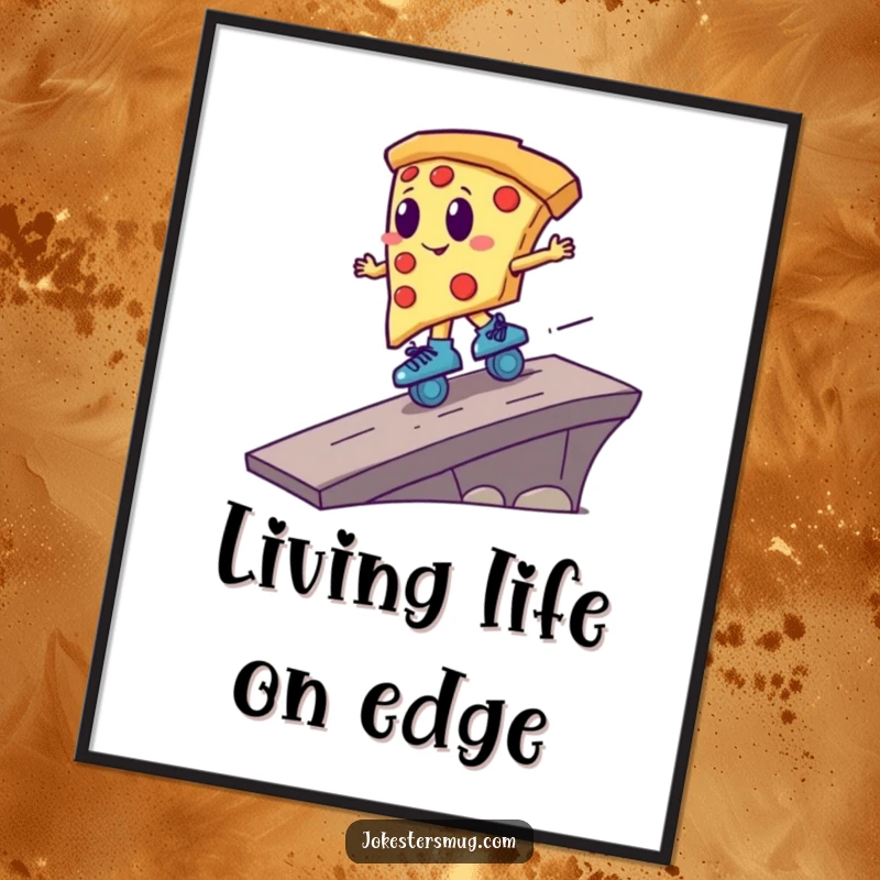 Funny pizza slice on roller skates, captured mid-air as it speeds off a ramp, depicted in a high-energy poster.