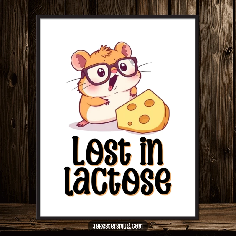 Funny poster art of a surprised hamster in large glasses about to fall over a giant slice of cheese, expressing pure comical panic.