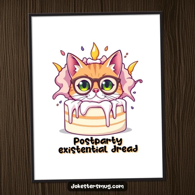 Funny bewildered cat wearing oversized spectacles peeking from behind a giant, exploding cake, a humorous piece of art for this poster.
