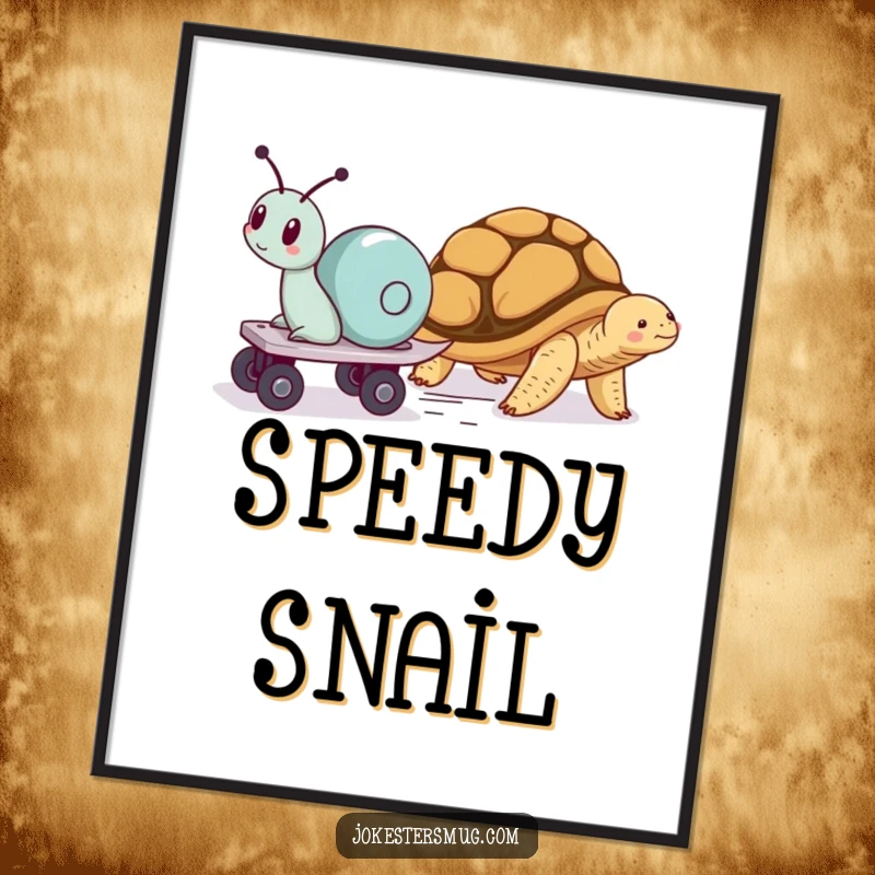 Funny poster art of a snail on roller skates speeding past a napping tortoise, capturing a humorous race and amusing life lesson.