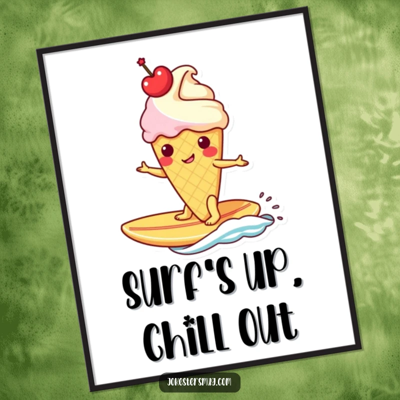 Funny ice cream cone with a crown rides a banana surfboard, depicted on a poster to bring tropical, humorous vibes.