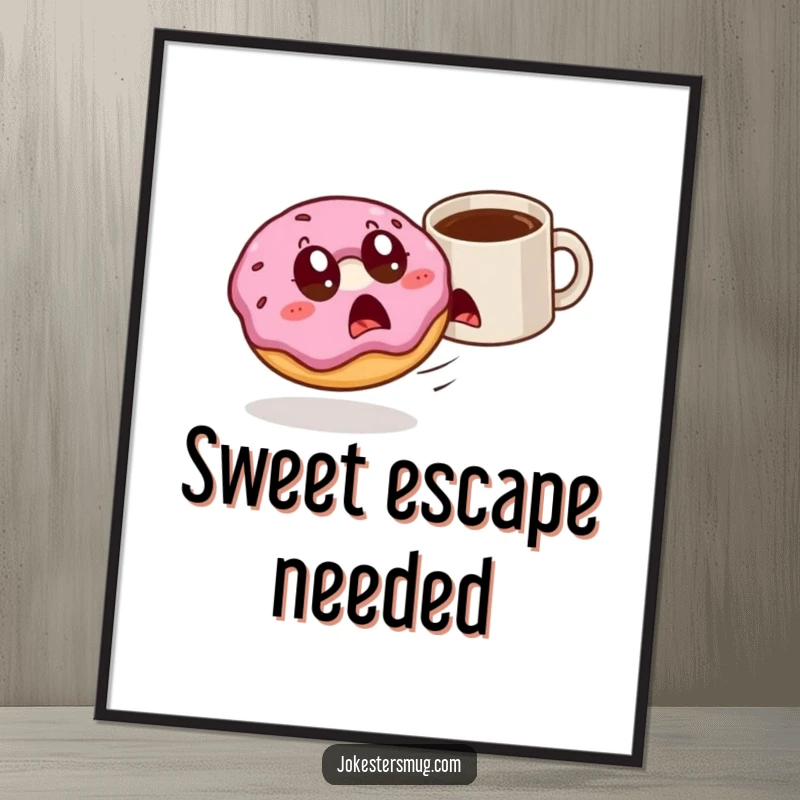 Funny startled donut with wide eyes is chased by a rogue coffee mug, presented as a poster for humorous decor.