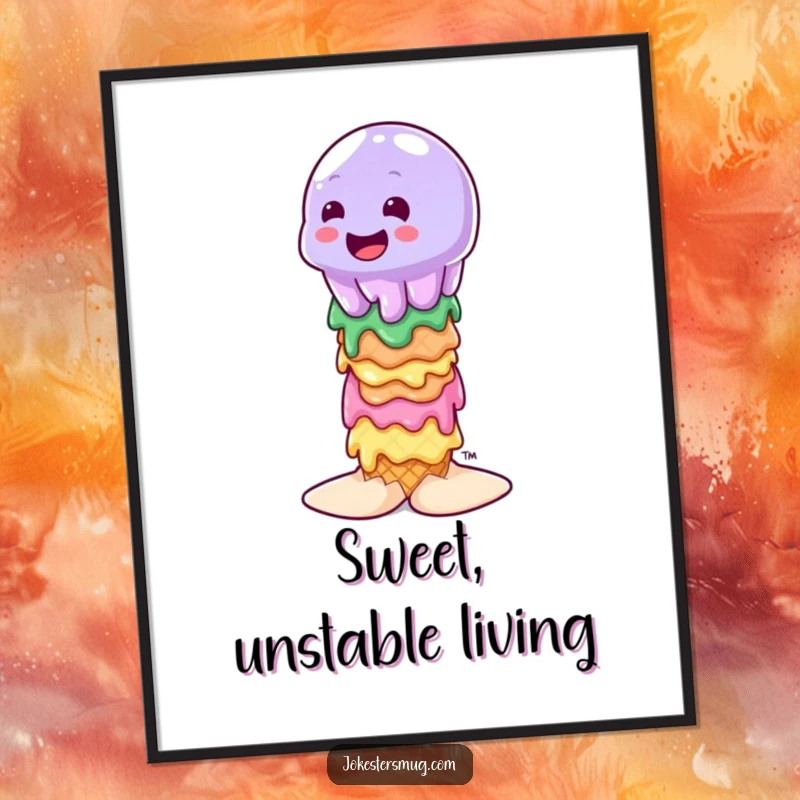Funny wobbly jelly character attempting to balance on a stack of melting ice cream cones, illustrated poster for wall decor.