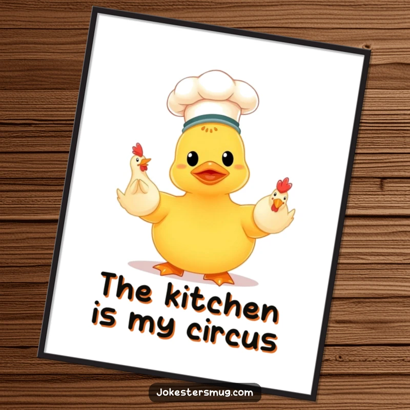 Funny rubber ducky chef with a small hat, precariously juggling three rubber chickens, a humorous and eye-catching wall art poster.