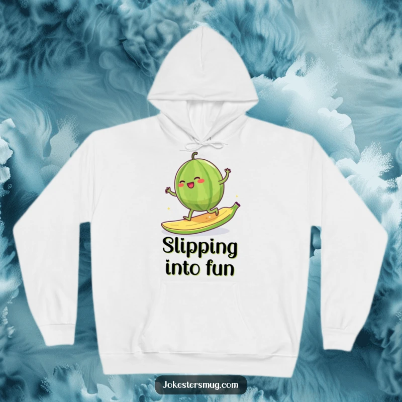 Funny giggling watermelon character attempting to moonwalk on a banana peel, graphic on a cozy hoodie.