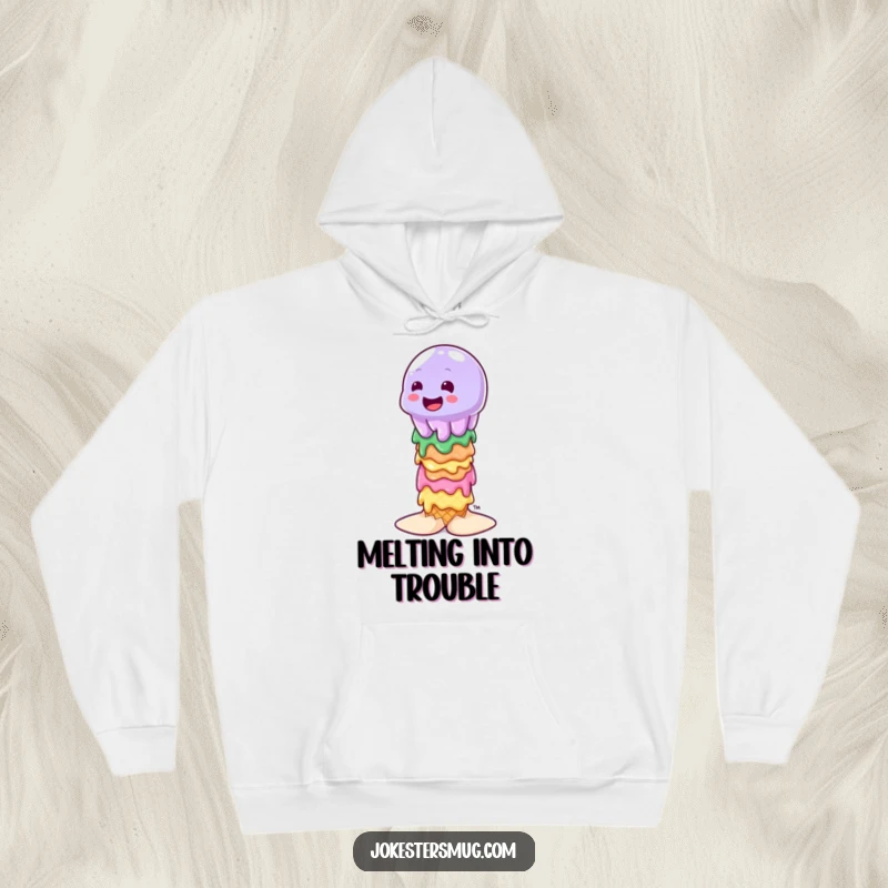 Funny wobbly jelly character attempting to balance on a stack of melting ice cream cones, graphic on a cozy hoodie.