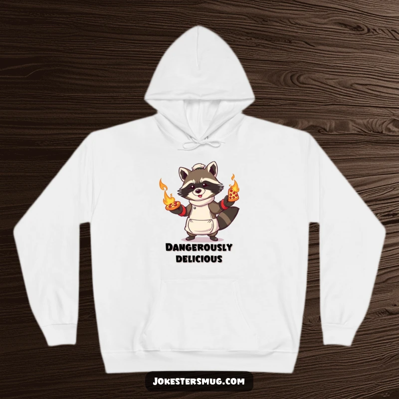 Funny Raccoon Pizza Hoodie: Raccoon in oven mitts, juggling flaming pizzas, cozy and chaotic kitchen wear.