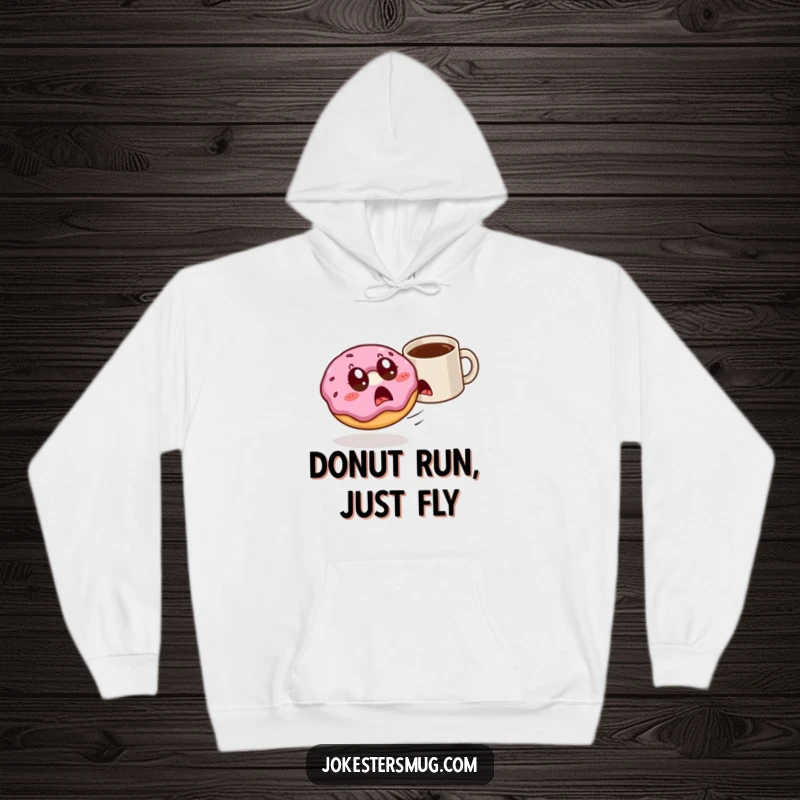 Funny startled donut with wide eyes is pursued by a rogue coffee mug, featured on a warm hoodie.
