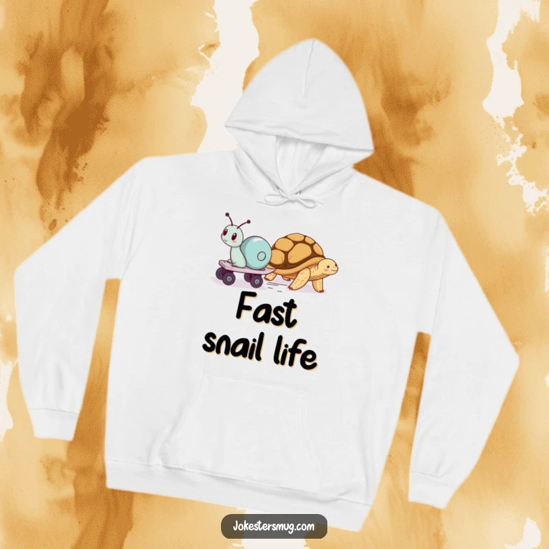 Funny hoodie depicting a snail on roller skates speeding past a napping tortoise, perfect for cozy humor and celebrating unique journeys.