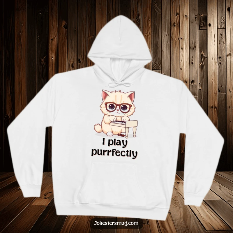 Funny hoodie depicting a fluffy cat wearing large glasses, seriously focused on playing a very small piano.