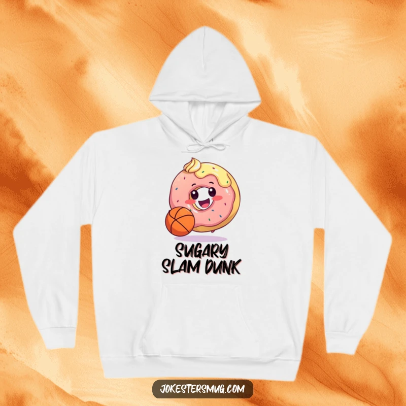 Funny hoodie with a happy donut dribbling a basketball with its frosting, designed for cozy comfort and humorous sports enthusiasm.
