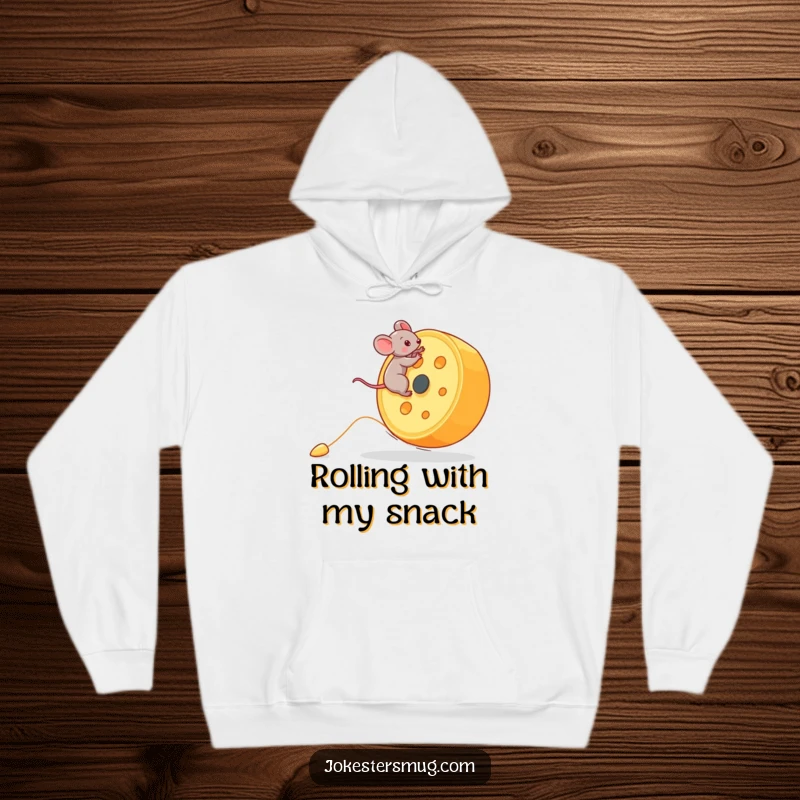 Funny Mouse Hoodie: A brave tiny mouse rides a giant rolling cheese wheel downhill. Cozy and humorous funny gift for adventurers.
