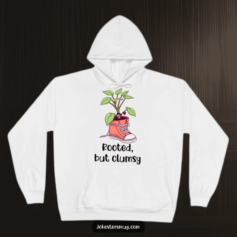 Funny Potted Plant Hoodie: A comical plant is depicted tying its shoelaces, offering warmth and a funny design, great as a funny gift.