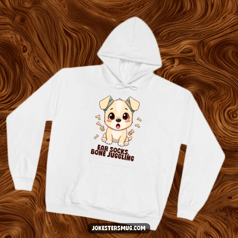 Funny warm hoodie of a surprised puppy with socks on ears, juggling bones, a cozy and hilarious gift.