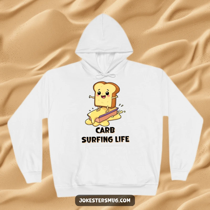 Funny toast surfing on butter hoodie, breakfast character with arms and legs, warm and humorous design, a perfect funny gift.