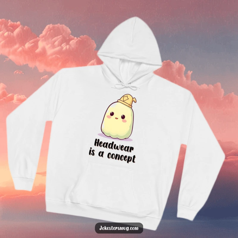 Funny hoodie depicting a see-through jelly blob hilariously failing to wear a hat, its form phasing.