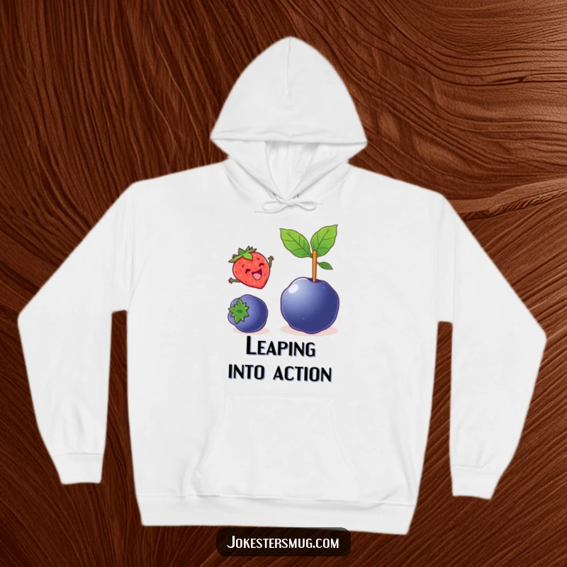 Funny hoodie depicting a delighted strawberry mid-pole vault over a large blueberry, a fun and athletic design.