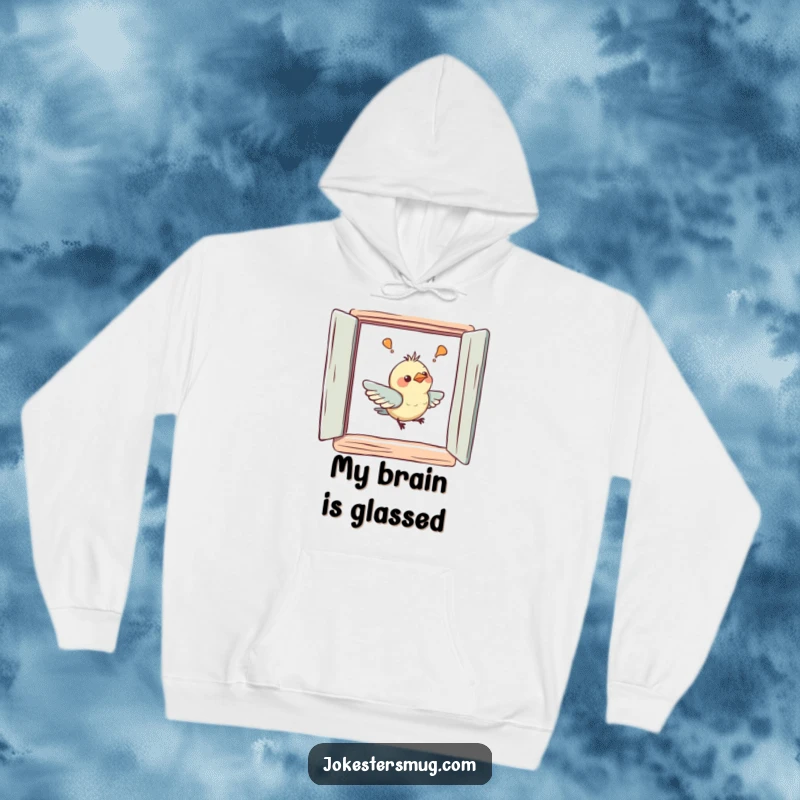 Funny hoodie depicting a confused bird gently impacting a painted window with its beak, perfect for screen readers.