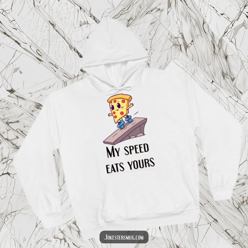 Funny pizza slice on roller skates, speeding off a ramp, depicted on a cozy hoodie, bringing humorous energy to chilly days.