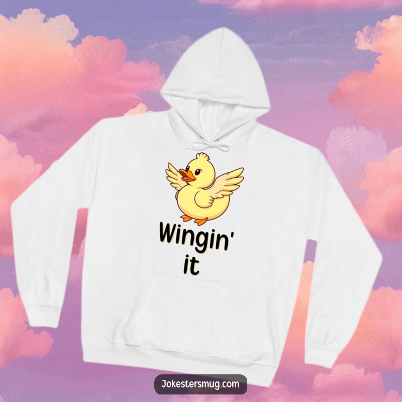 Funny rubber duck flying hoodie, with homemade wings, humorous and warm design, a fantastic funny gift.