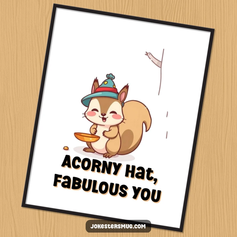 Funny Free Printable Wall Art of a mischievous squirrel wearing a bird feeder as a hat.