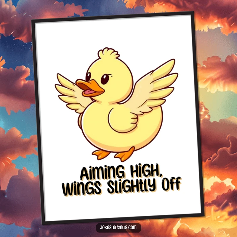 Funny free printable wall art: A rubber duck with crudely attached feather wings hilariously attempts to soar through the air.