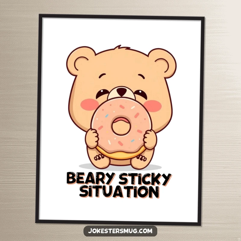 Funny Free Printable Wall Art: Bewildered bear with a donut stuck to its nose, a unique downloadable decor gift.