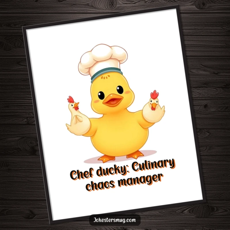 Funny Free Printable Wall Art: A duck chef in a tiny hat clumsily juggles rubber chickens, a humorous piece of downloadable decor.