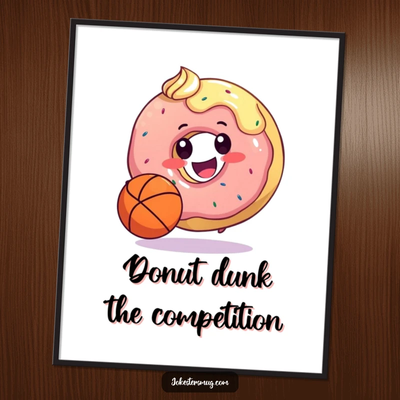 Funny Free Printable Wall Art: A happy donut masterfully dribbling a basketball with its frosting, embodying the spirit of the game.
