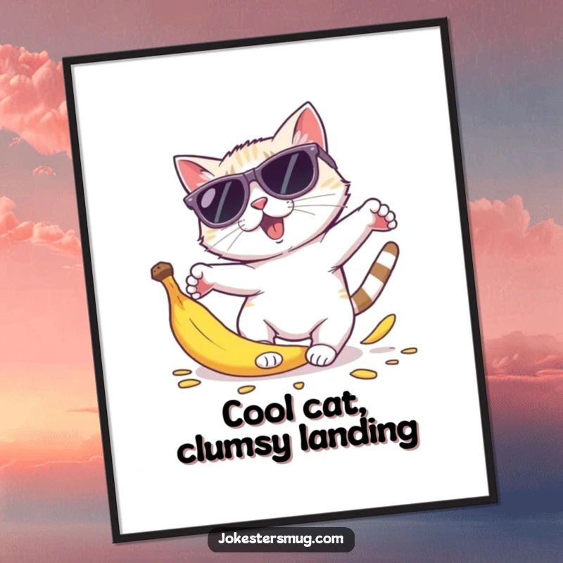Funny Free Printable Wall Art: A cat in oversized sunglasses comically scatters after tripping over a banana peel, a hilarious visual gag.