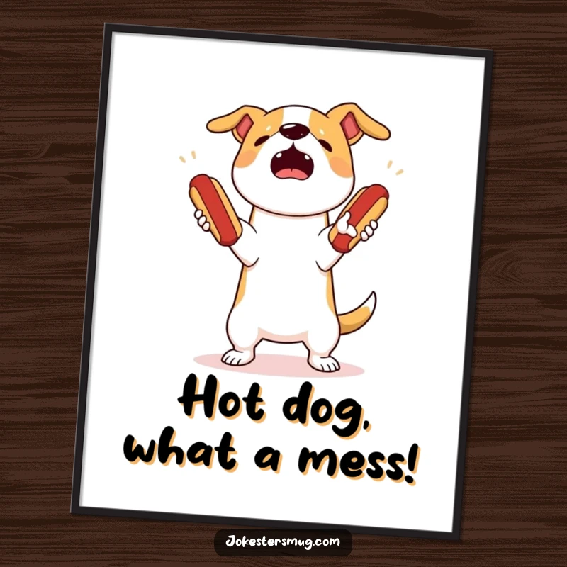 Funny Free Printable Wall Art: A startled dog attempts to juggle three bouncing hot dogs, comically dropping them all in a messy pile.