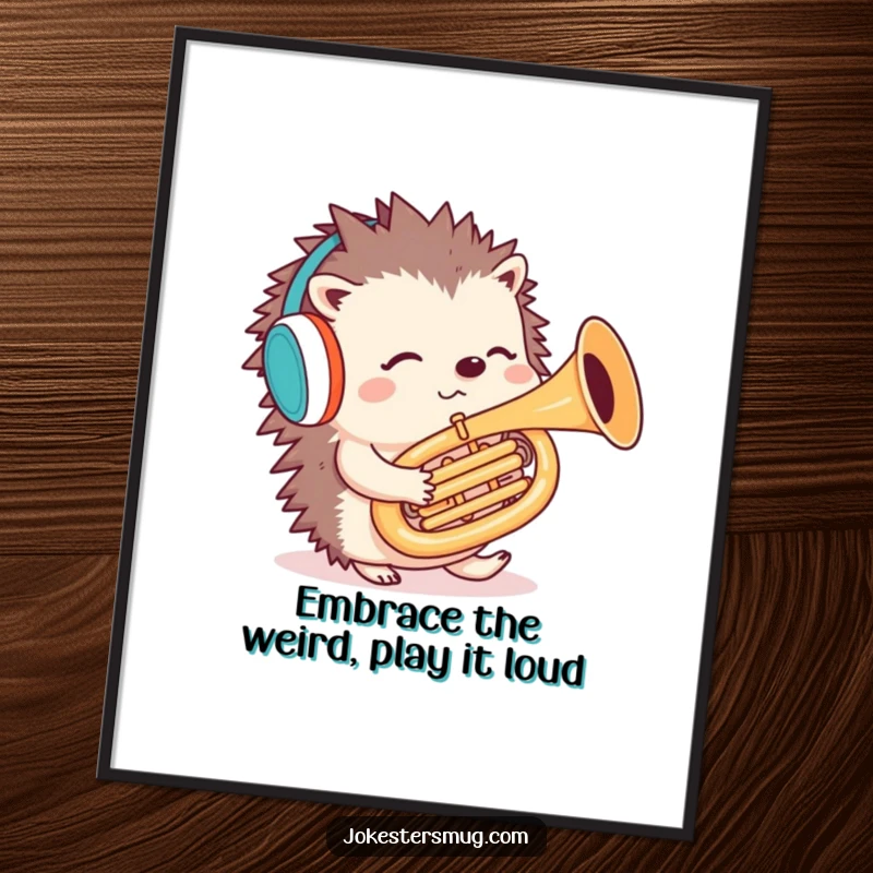 Funny Free Printable Wall Art: A confused hedgehog wearing earmuffs, comically attempting to play a tuba backwards.