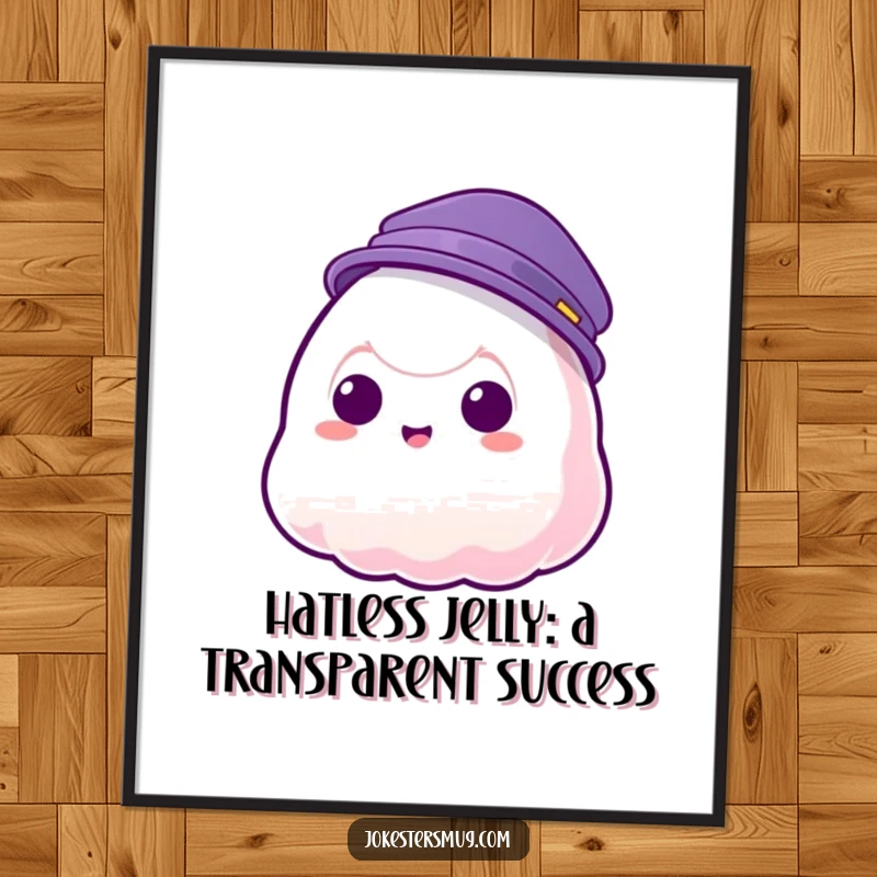 Funny free printable wall art: a transparent jelly blob humorously tries and fails to wear a hat, which phases through it.