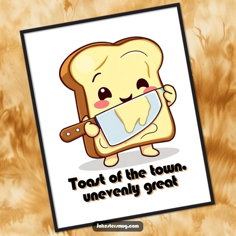 Funny free printable wall art: a cheerful toast character struggles to evenly butter itself with a comically large butter knife.