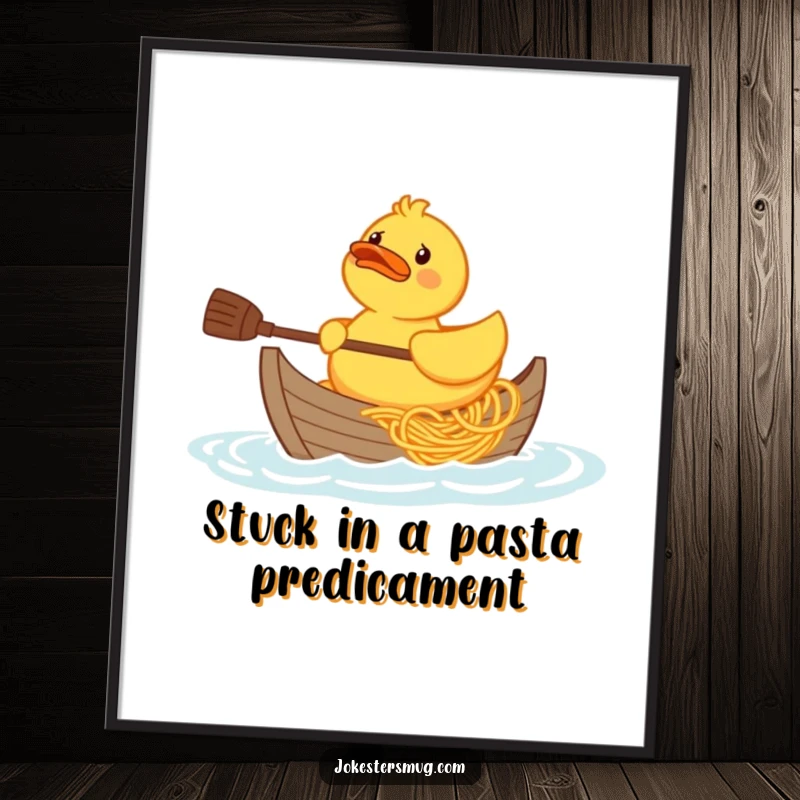 Funny Free Printable Wall Art: A confused rubber duck attempts to paddle a boat constructed entirely out of spaghetti.