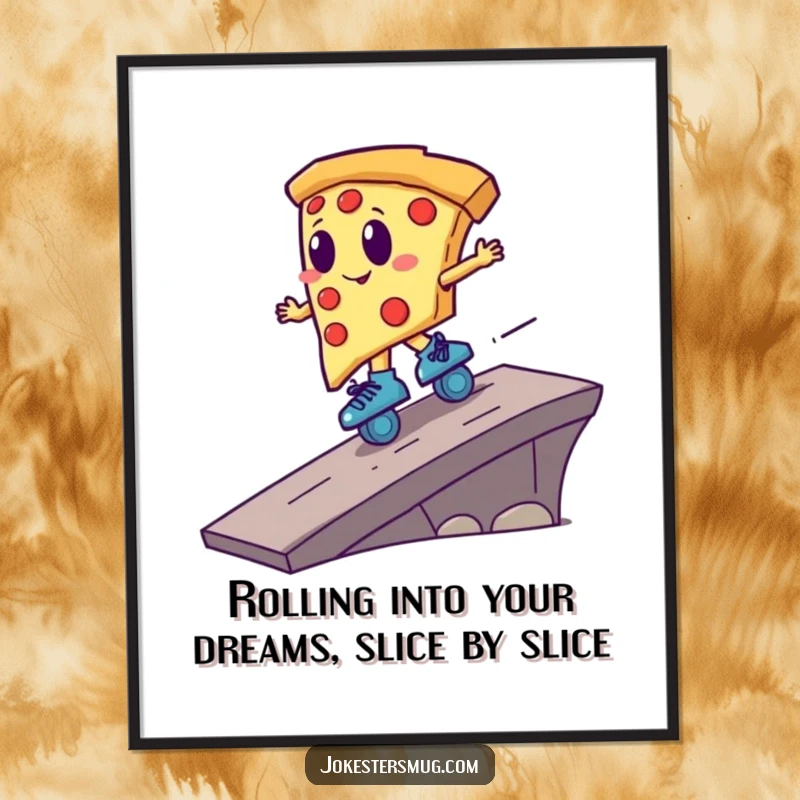 Funny Free Printable wall art, a pizza slice wearing roller skates launching off a ramp, vibrant and energetic comic illustration.
