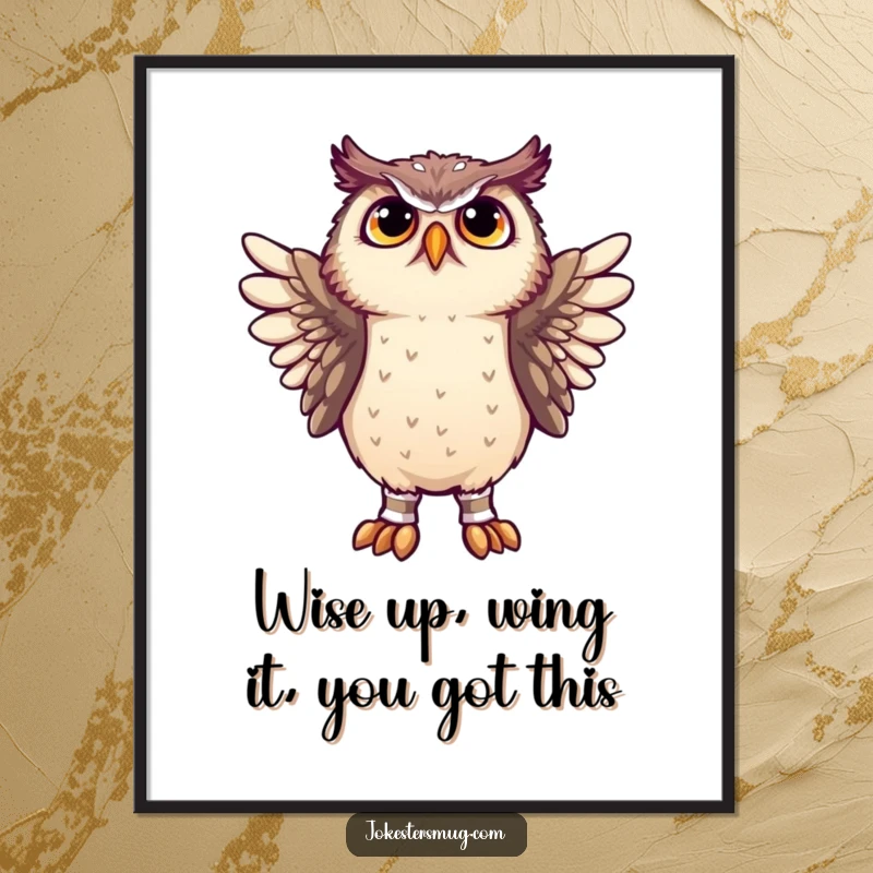 Funny Free Printable wall art, a confused owl comically wearing socks on its wings, a whimsical and eye-catching illustration.