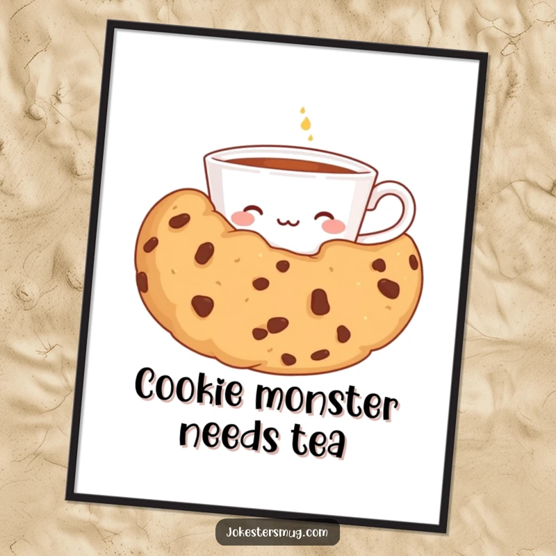 Funny Free Printable Wall Art: A shy teacup peeking from behind a comically large cookie, creating a whimsical and humorous scene.