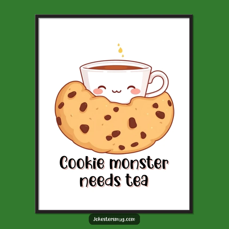 Free Printable Wall Art: Shy Teacup Giant Cookie Funny Whimsical Downloadable Kitchen Decor