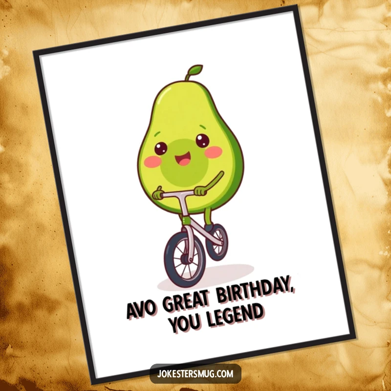 Funny Free Printable Wall Art: Smiling avocado balancing precariously on a miniature unicycle.
