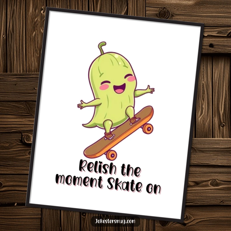 Funny Free Printable Wall Art: A cartoon pickle riding a skateboard, mid-ollie with a huge grin.