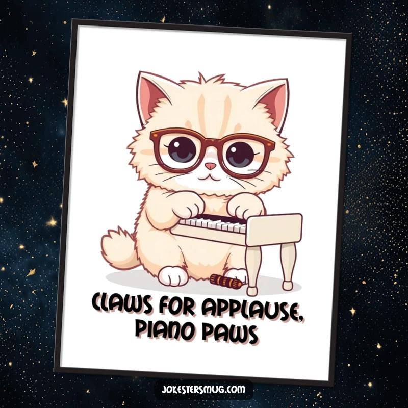 Funny Free Printable Wall Art: A fluffy cat wearing oversized glasses, playfully attempting to play a tiny piano with comical concentration.