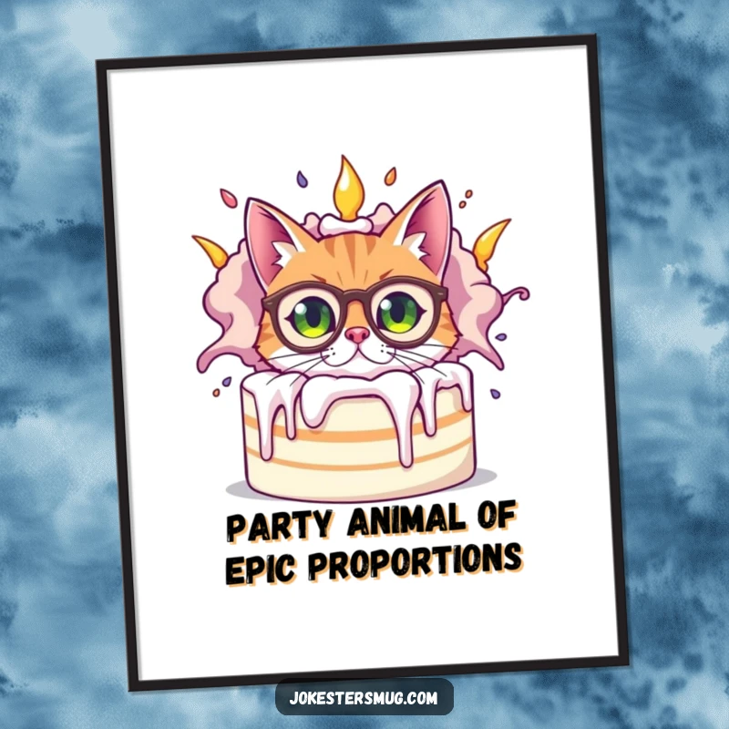 Funny Free Printable Wall Art: A bewildered cat wearing oversized spectacles peeks from behind a giant, spectacularly exploding cake, festive chaos.