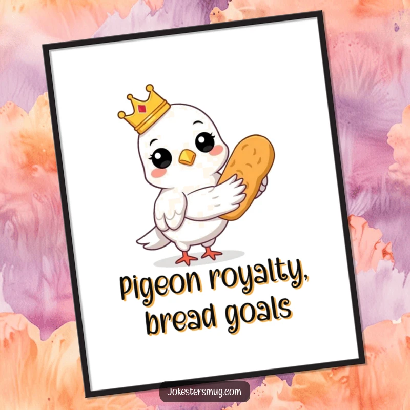 Funny Free Printable Wall Art: Pigeon wearing a tiny crown, proudly holding a loaf of bread, a downloadable decor gift.