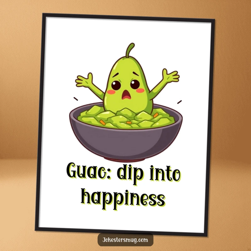 Funny Free Printable Wall Art: A startled avocado with limbs flailing dramatically as it dives into a bowl of guacamole.