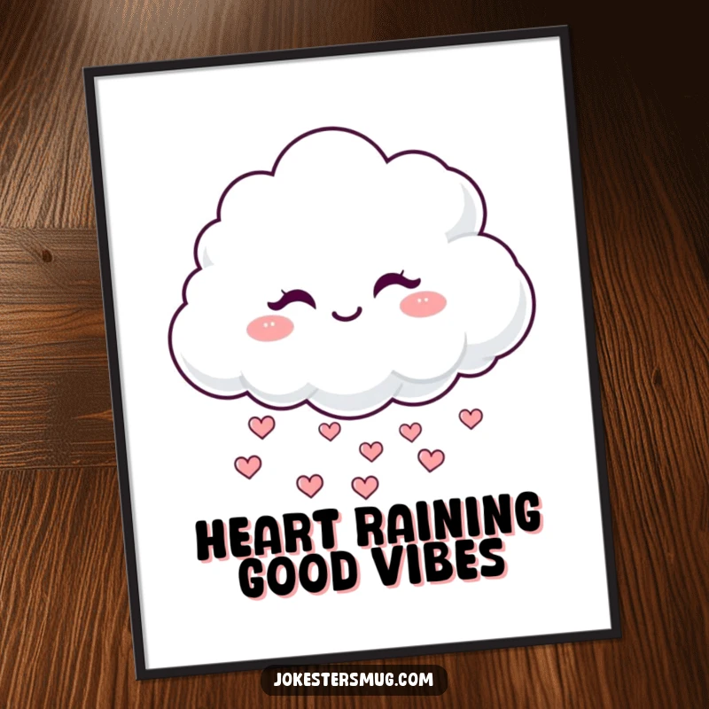 Funny Free Printable Wall Art of a fluffy cloud with a mischievous wink, raining tiny hearts.