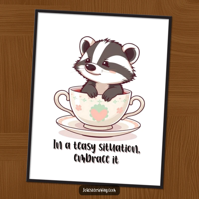 Funny Free Printable wall art, a bewildered badger comically stuck in a tiny teacup, rendered in a cute and humorous style.