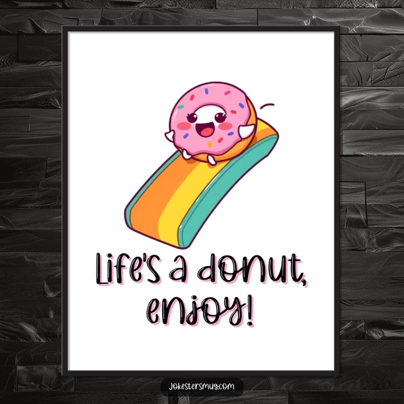 Funny Free Printable Wall Art featuring a donut character joyfully zooming down a vivid rainbow slide.