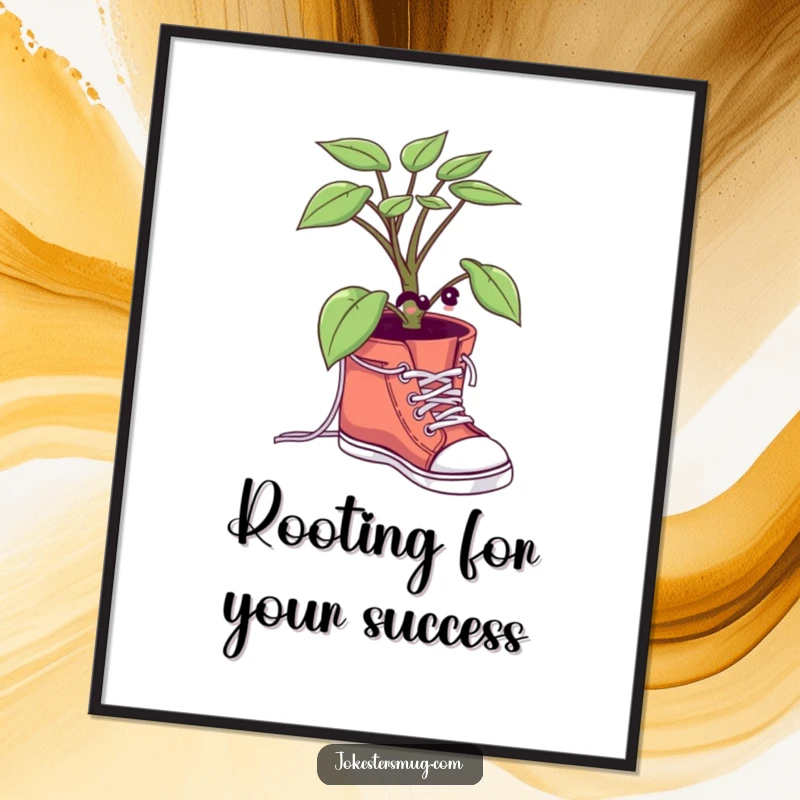 Funny Free Printable Wall Art of a potted plant comically attempting to tie its own shoelaces.