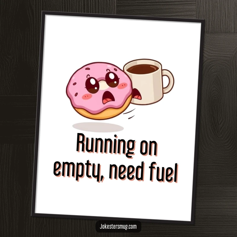 Funny Free Printable Wall Art: A startled donut with wide eyes is being chased by a rogue coffee mug, a chaotic scene.